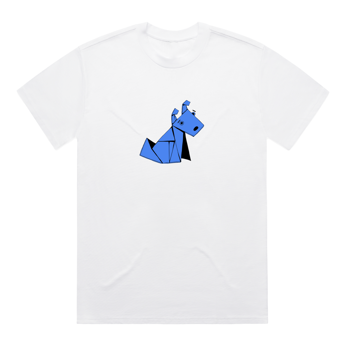 White James Marriott t-shirt with a blue origami dog design.