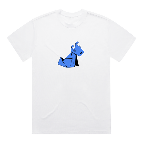White James Marriott t-shirt with a blue origami dog design.
