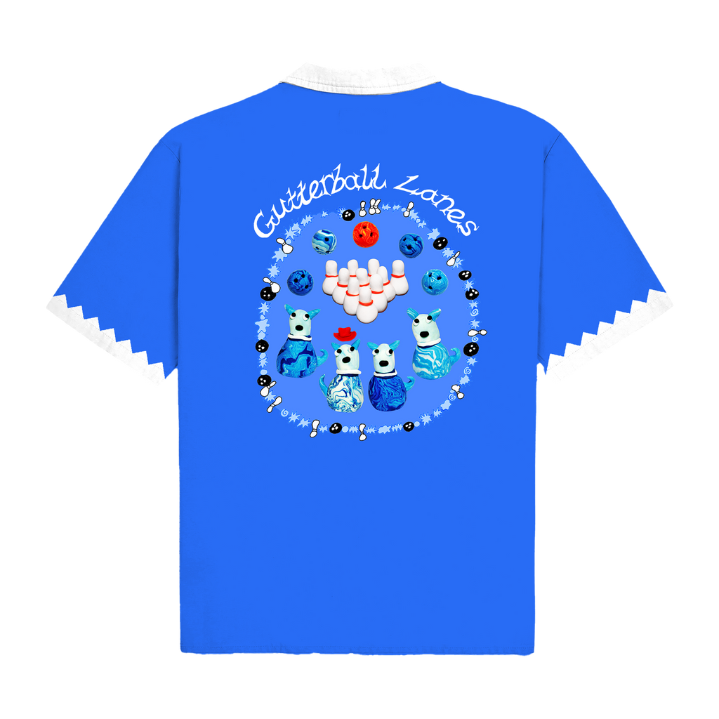Blue James Marriott bowling shirt with a colorful design and 'Gutterball Lanes' text on the back.
