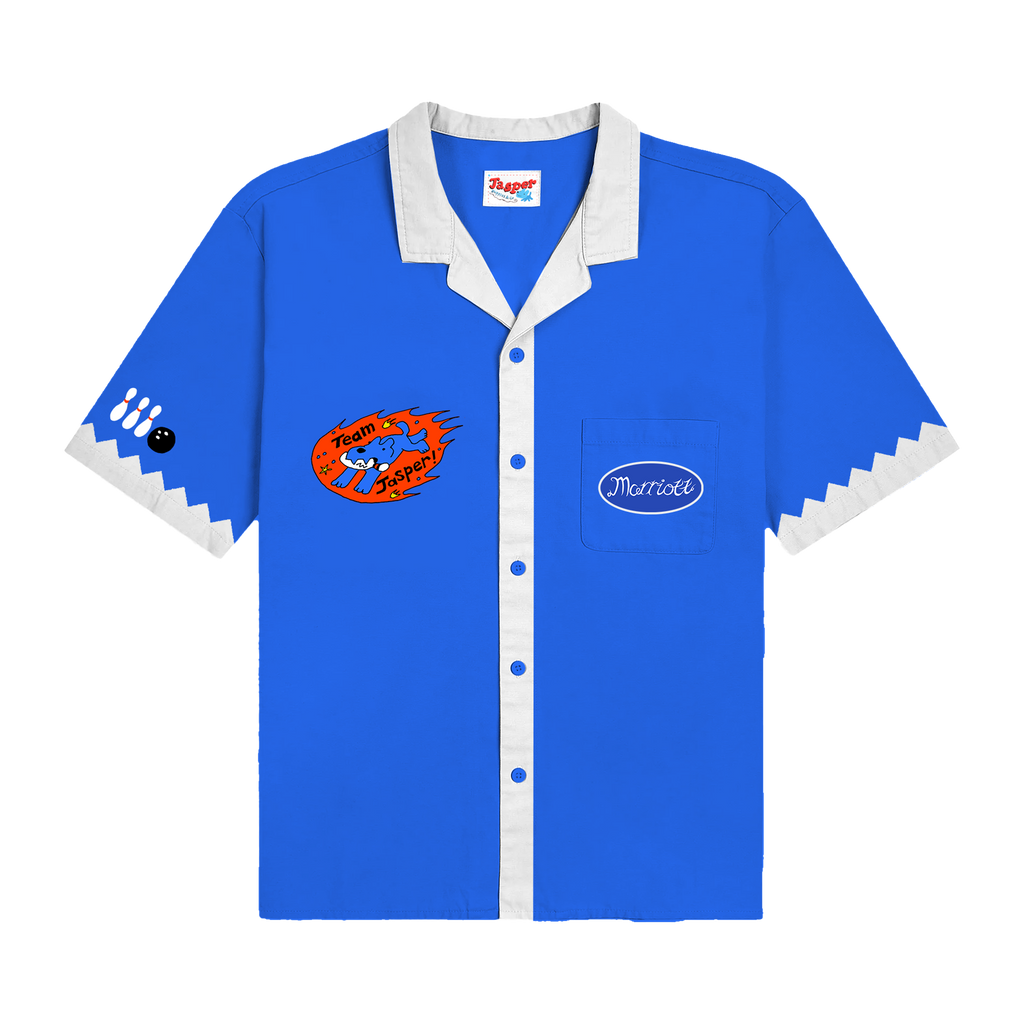 Blue James Marriott bowling shirt with white accents and graphic logos.
