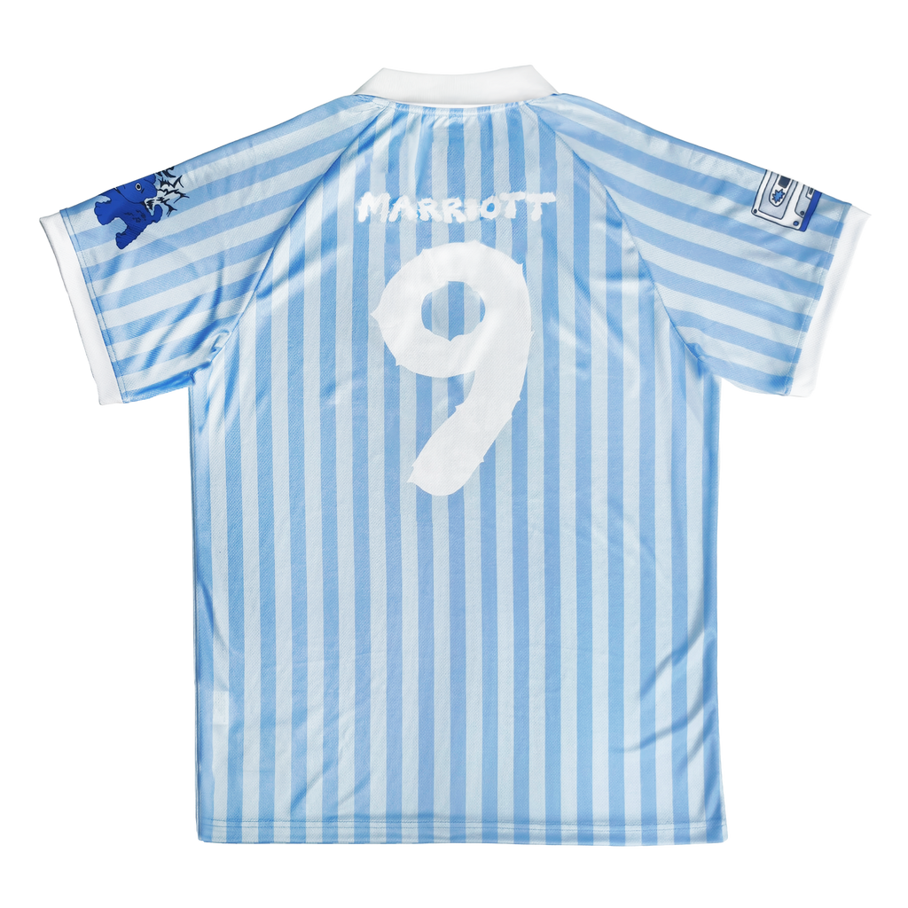 Blue and white striped James Marriott sports jersey with number 9 and 'Marriott' branding