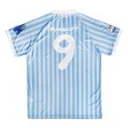 Blue and white striped James Marriott sports jersey with number 9 and 'Marriott' branding