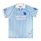 Blue and white striped James Marriott football shirt with text 'Don't Tell The Dog' 