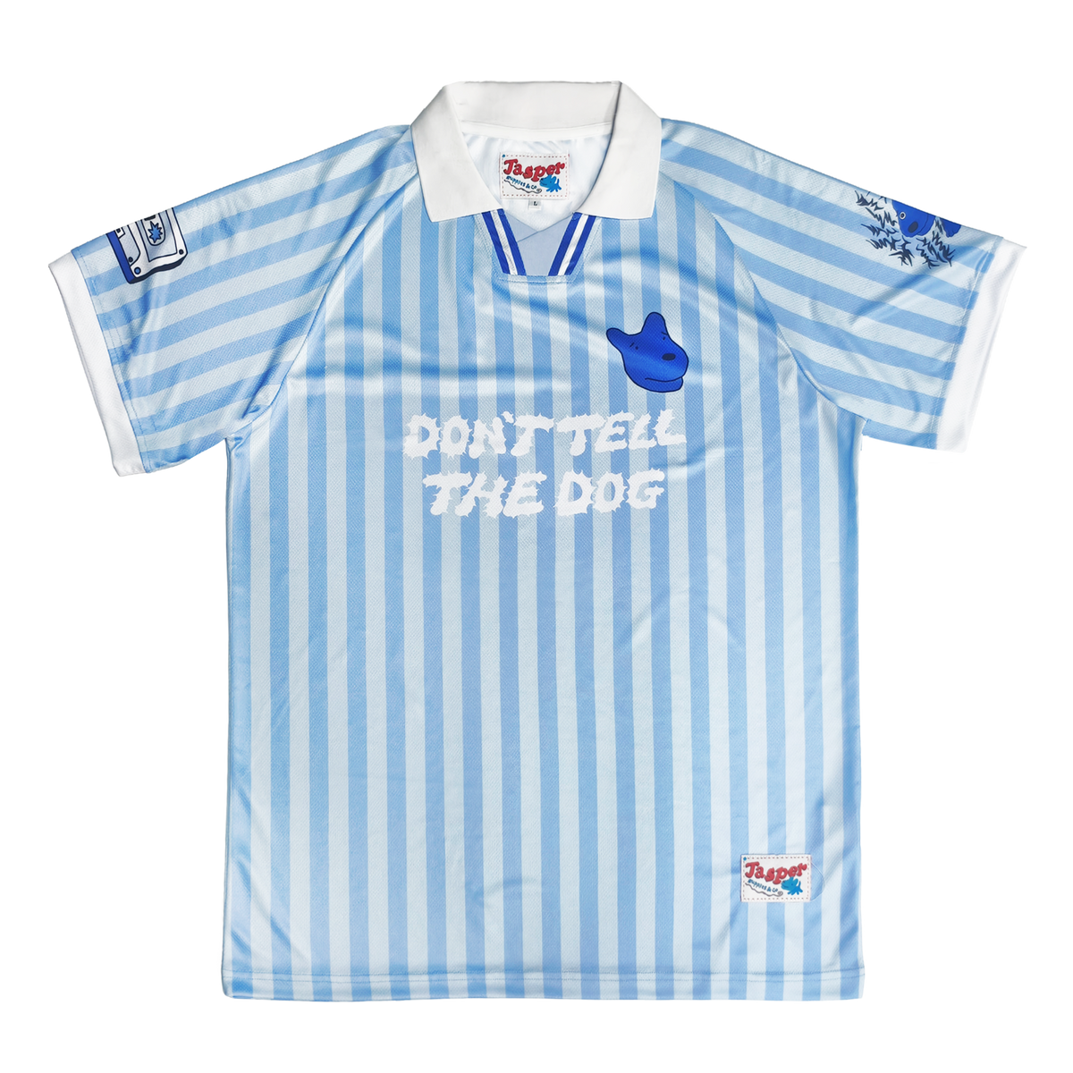 Blue and white striped James Marriott football shirt with text 'Don't Tell The Dog' 
